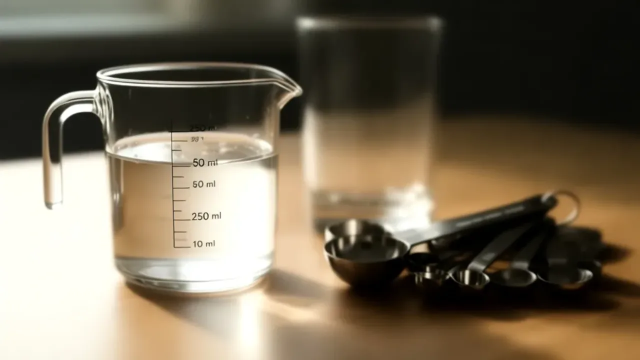 50 ml wody ile to szklanek? Praktyczny przewodnik po przeliczaniu ml Szklana miarka kuchenna z wodą przy szklance, ilustrująca 50 ml wody ile to szklanek w praktyce.