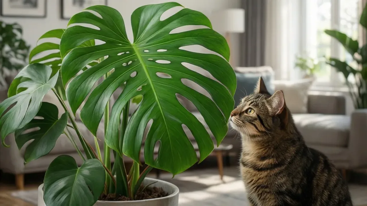 Czy monstera jest trująca dla kota? Toksyczna roślina a kot w domu Ciekawski kot obok liścia rośliny Monstera deliciosa – sprawdź, czy monstera jest trująca dla kota i jak dbać o bezpieczeństwo zwierząt.