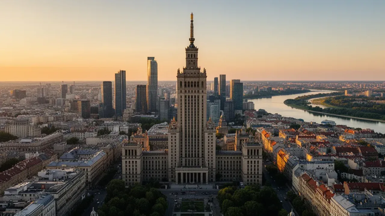 Dzielnice Warszawy: podział administracyjny i lista 18 dzielnic Widok z lotu ptaka na dzielnice Warszawy z Pałacem Kultury i Nauki w centrum miasta.