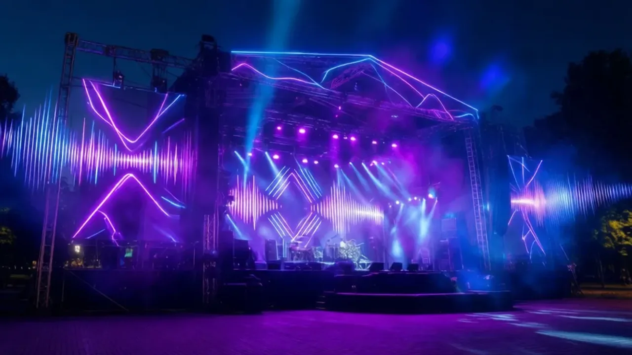 Festiwal warszawa: Twój przewodnik po festival 2026 i zakup biletów Nowoczesna scena muzyczna wieczorem podczas wydarzenia festiwal warszawa z efektami świetlnymi w parku.