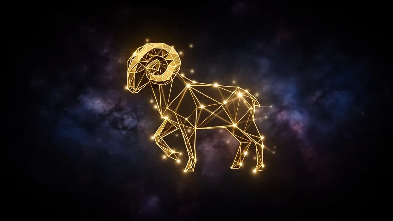 Horoskop dzienny baran biz: horoskop, horoskop dzienny baran – Twój znak Złota konstelacja znaku zodiaku Baran w kosmicznej mgle, ilustrująca horoskop dzienny baran biz.
