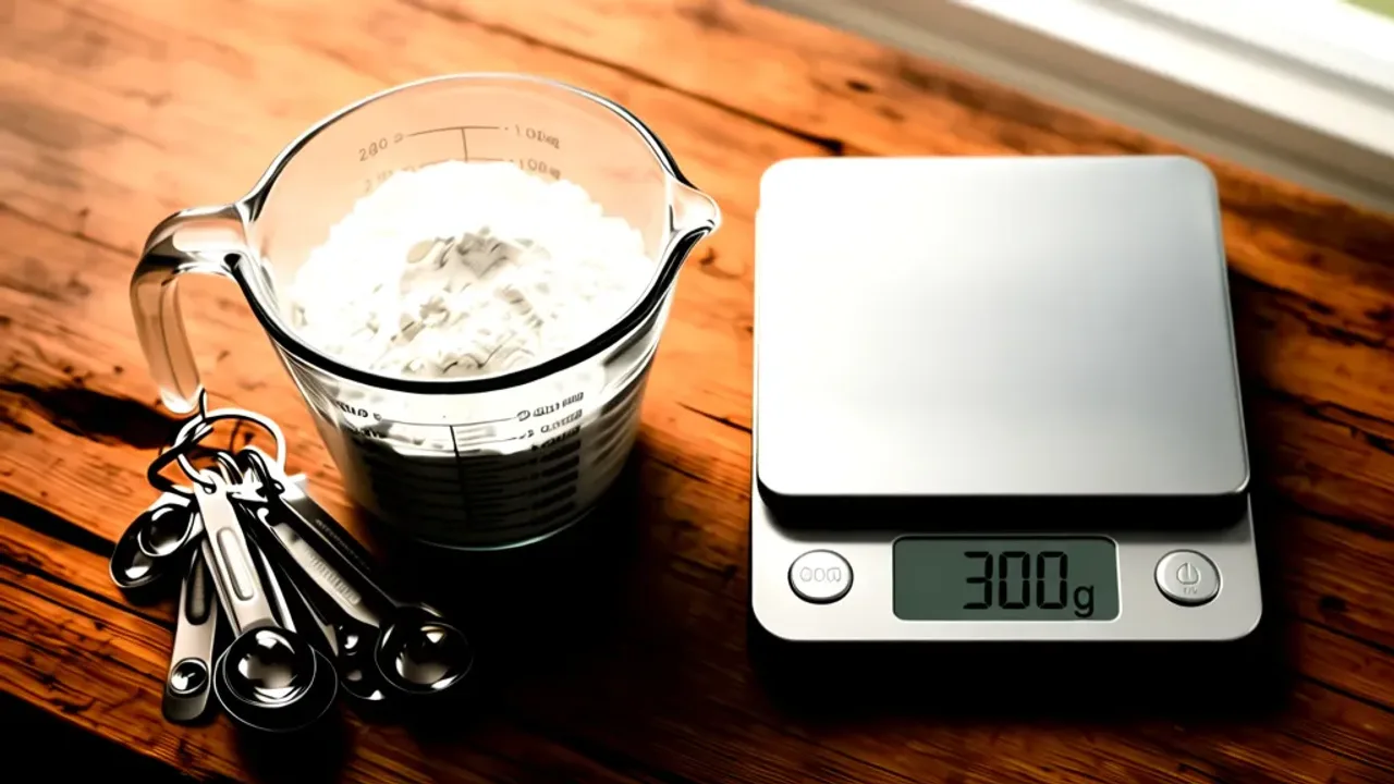 Ile to 300 g mąki? Praktyczny przelicznik kuchenny i porady eksperta Waga kuchenna z mąką pokazująca ile to 300 g mąki w szklance.