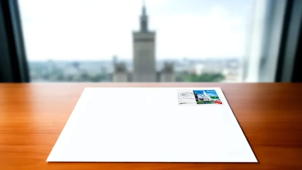 Jak zaadresować kopertę? Praktyczny poradnik: jak poprawnie wysyłać listy Poprawnie wypisana koperta na drewnianym biurku – instrukcja jak zaadresować kopertę w Warszawie.