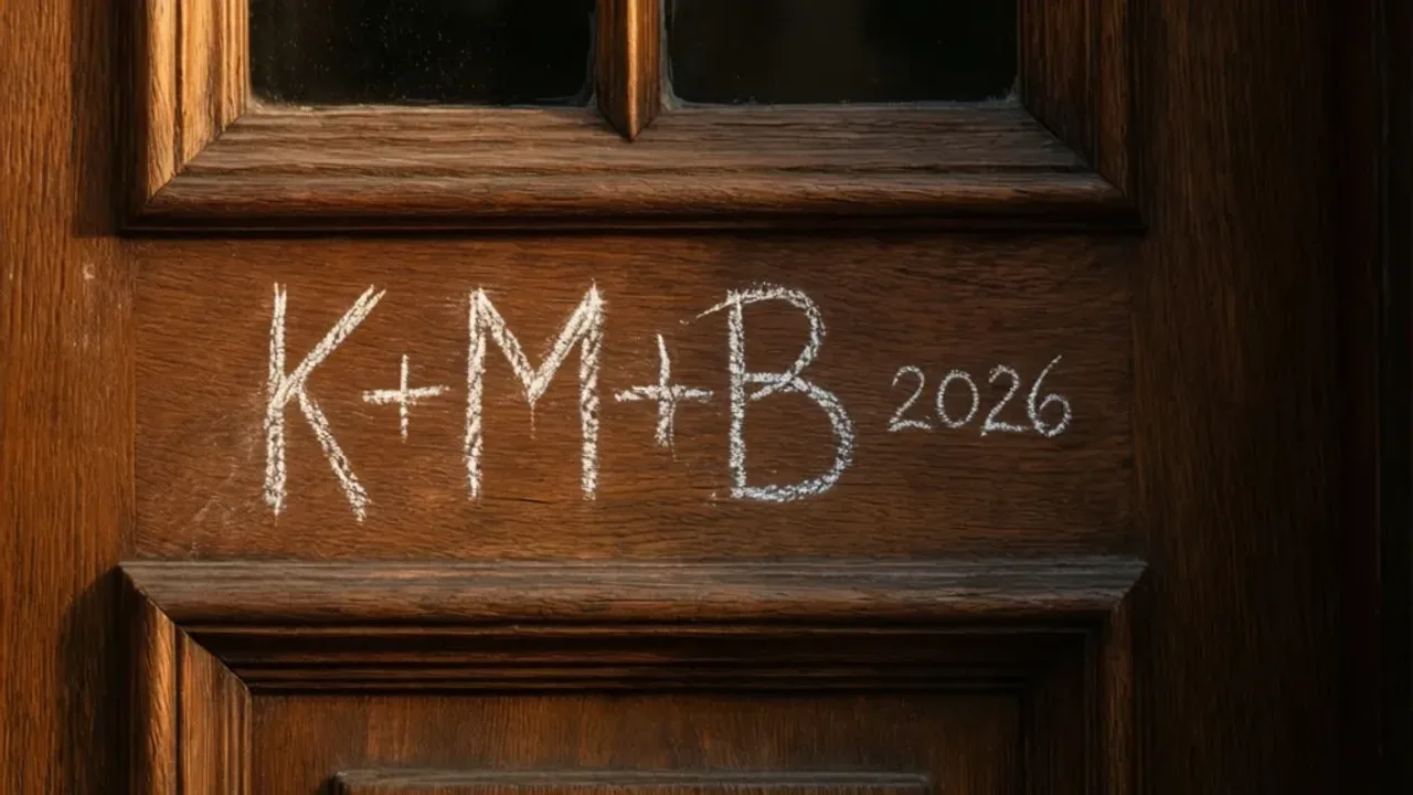 K+M+B: Skuteczne zabezpieczenie domu, izolacja fundamentów i masy KMB Tradycyjny zapis K+M+B wykonany białą kredą na drewnianych drzwiach wejściowych z widocznym rokiem 2026.