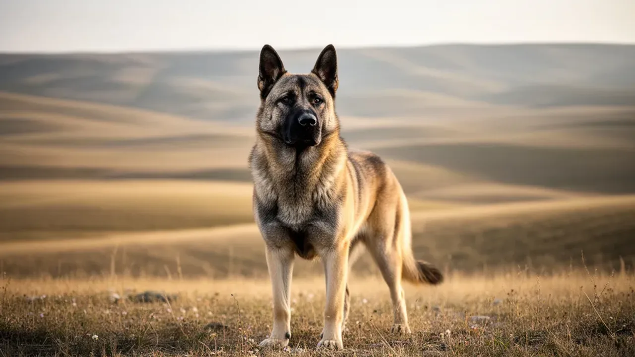 Kangal turecki: charakterystyka rasy, opis i cena – kompletny poradnik Dostojny kangal turecki o piaskowym umaszczeniu z ciemną maską stojący na tle pagórkowatego krajobrazu.