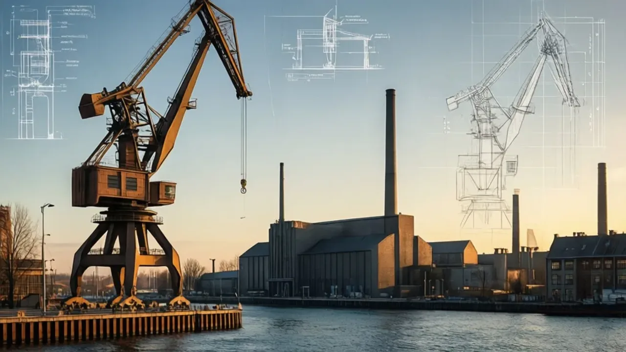 Kim był Eugeniusz Kwiatkowski? Gdynia i gdzie urodził się Kwiatkowski Ilustracja przedstawiająca modernistyczną architekturę portu i fabryk nawiązująca do pytania kim był Eugeniusz Kwiatkowski w historii polskiej gospodarki.