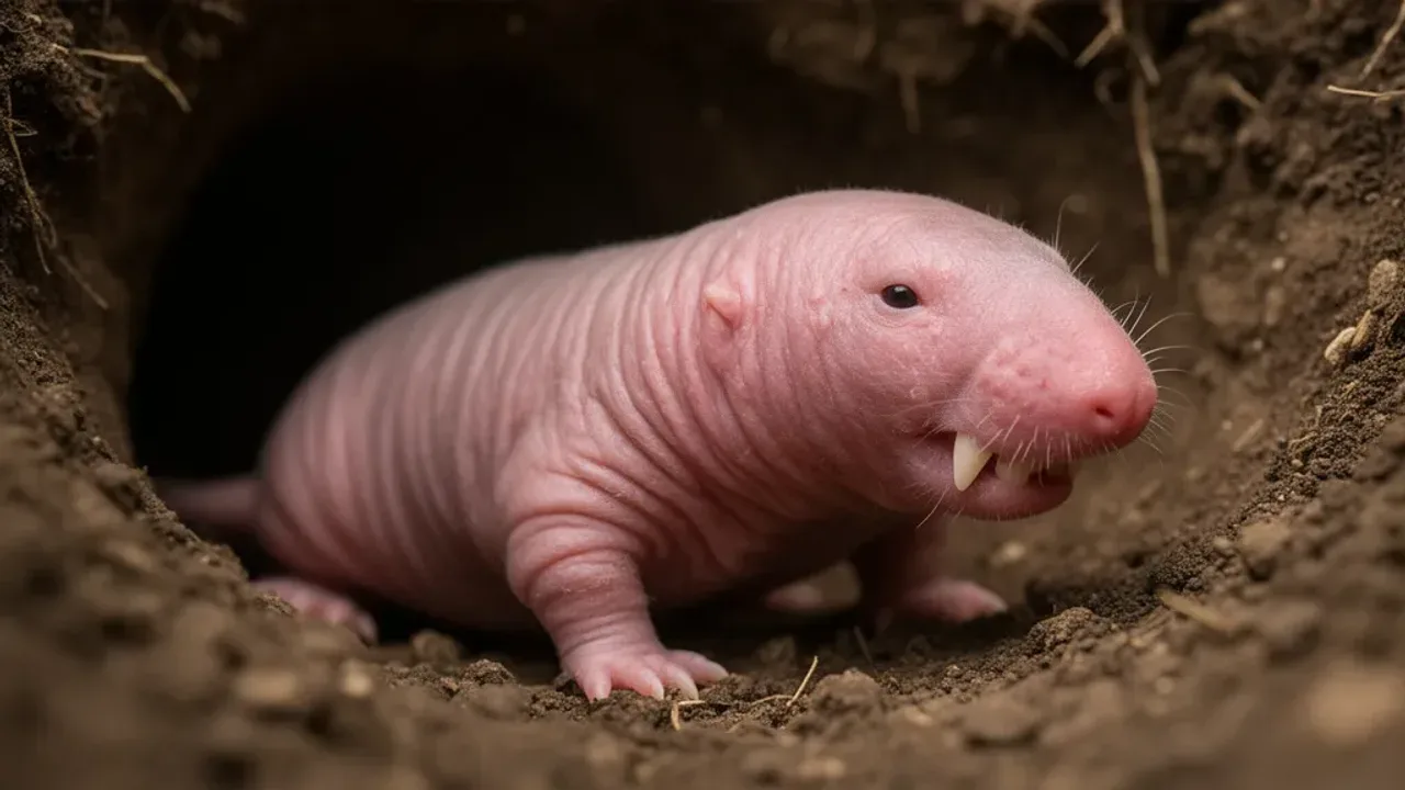 Łysy kret (Heterocephalus glaber) – fakty o ssaku golec piaskowy Golec piaskowy, znany jako łysy kret, w swoim naturalnym podziemnym korytarzu.