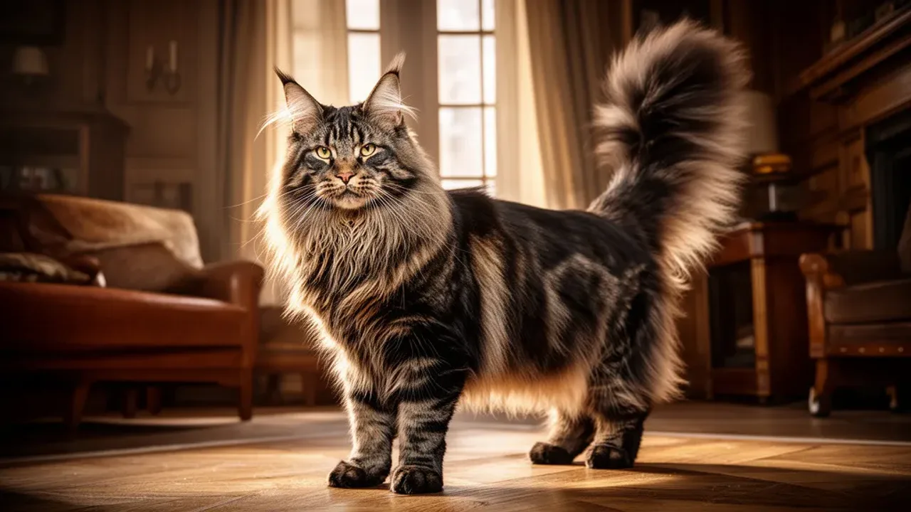 Maine coon olbrzym: opis rasy, pielęgnacja i hodowla przyjaznego kota Majestatyczny maine coon olbrzym z pędzelkami na uszach siedzący w nowoczesnym wnętrzu.