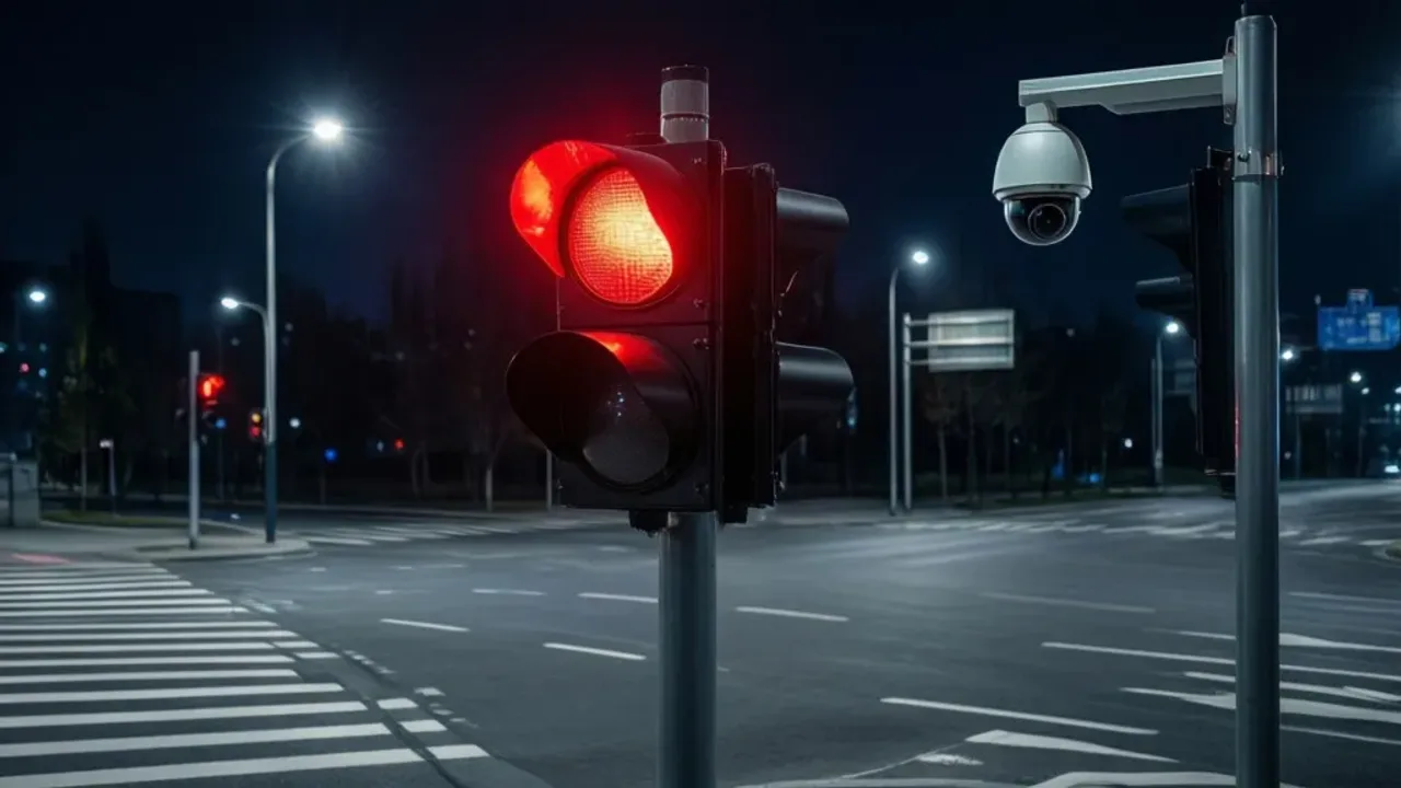 Mandat za przejazd na czerwonym 2025: kary, punkty karne i jak uniknąć kary Sygnalizator świetlny nad skrzyżowaniem z włączonym czerwonym światłem, za które grozi mandat za przejazd na czerwonym.