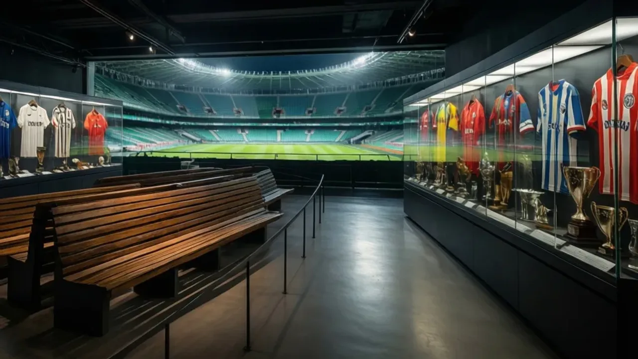 Muzeum Legii Warszawa im. Wiktora Bołby: przewodnik po stadionie Legii Wnętrze ekspozycji Muzeum Legii Warszawa z historycznymi pamiątkami i ławkami z trybuny Żyleta.