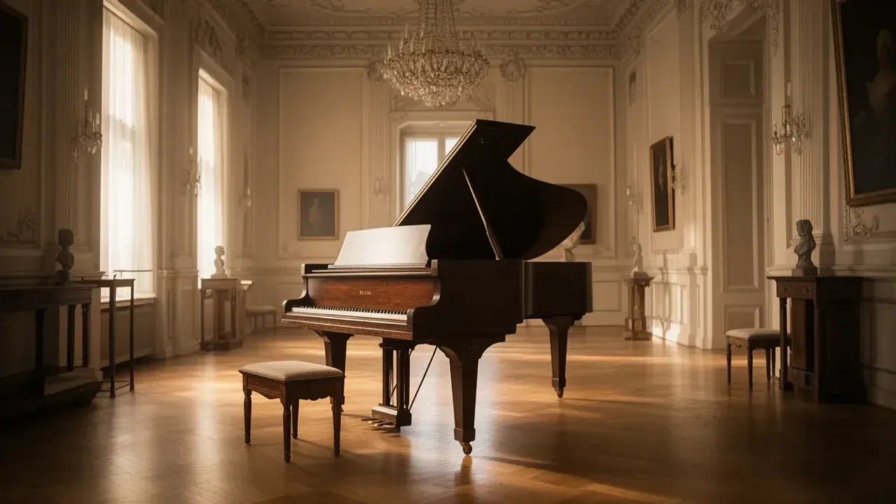 Muzeum muzyki warszawa: historia Fryderyka Chopina i koncert muzyczny Nowoczesna ekspozycja fortepianu wewnątrz wnętrza, jakim jest muzeum muzyki warszawa.