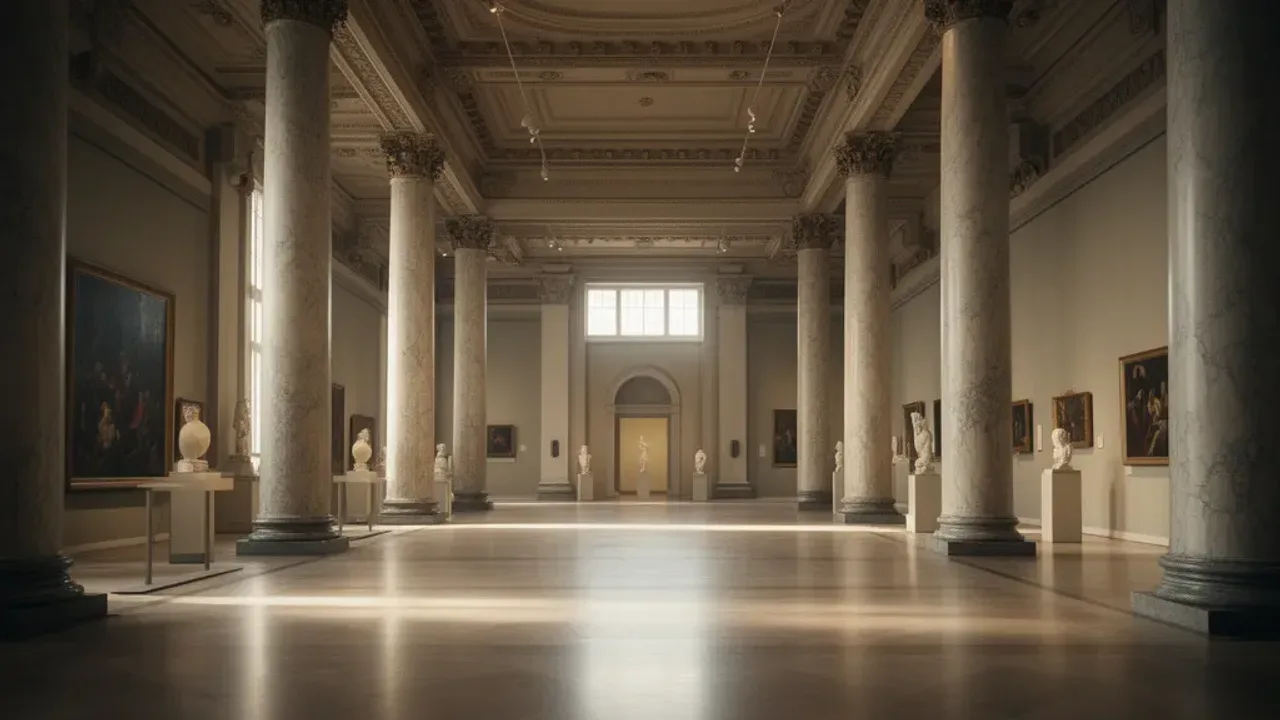 Muzeum warszawa za darmo: zwiedzaj warszawskie muzea za darmo (2026) Wnętrze zabytkowej sali wystawowej w muzeum warszawa za darmo z eleganckimi rzeźbami i naturalnym oświetleniem.