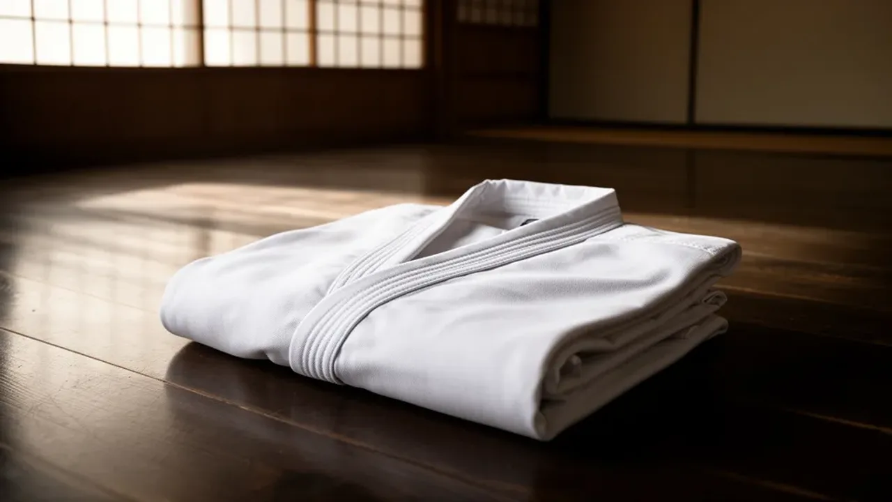 Na czym polega karate? Praktyczny poradnik dla początkujących 2026 Złożone karate-gi z czarnym pasem na macie tatami obrazujące, na czym polega karate.