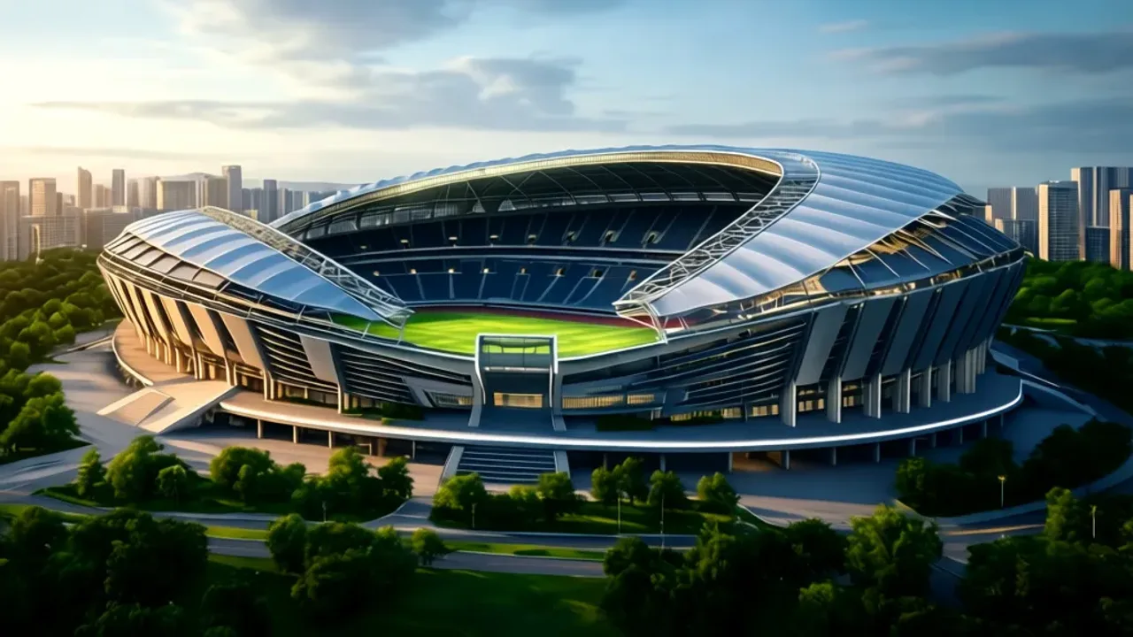 Nowy stadion Polonii Warszawa: projekt, hala sportowa i Nitot Wizualizacja architektoniczna przedstawiająca nowoczesny nowy stadion Polonii Warszawa z halą sportową i placem miejskim.