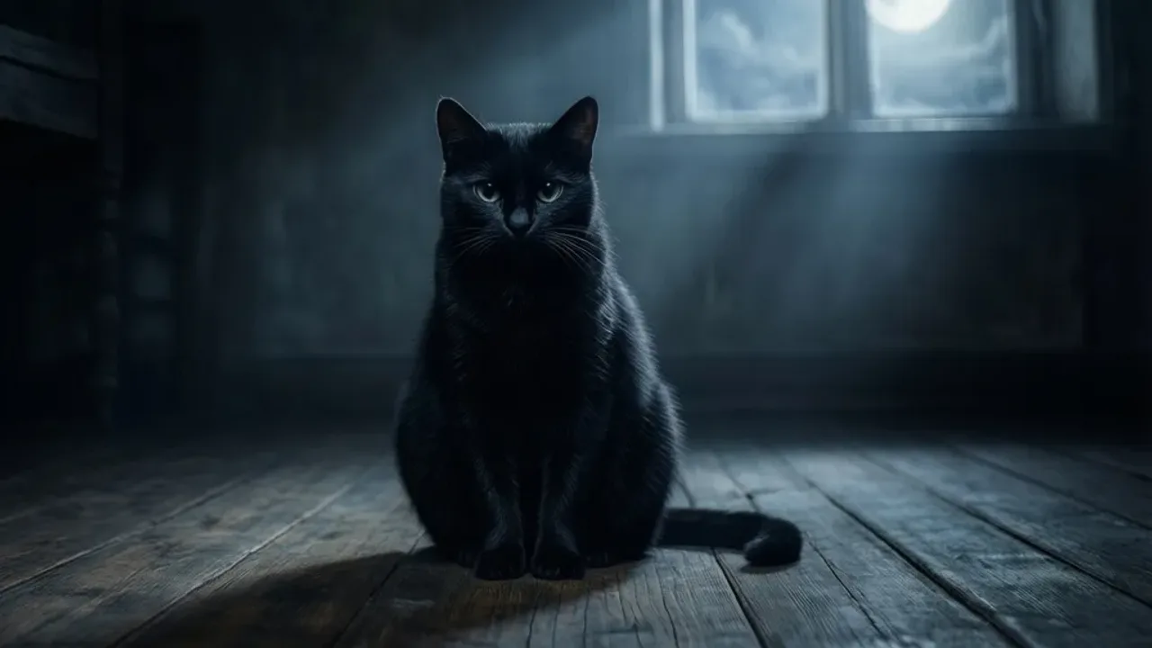 Sennik czarny kot: co oznacza sen o kocie w naszym życiu i jego symbolika Sleek black cat sitting in a dimly lit room, illustrating the sennik czarny kot concept.
