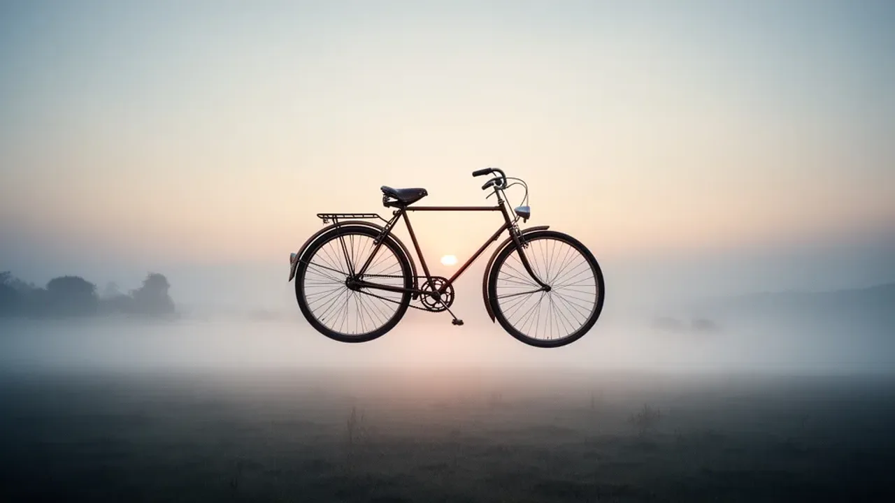Sennik jazda na rowerze: interpretacja jazdy rowerem i znaczenie snu Symboliczna grafika przedstawiająca rower w sennik jazda na rowerze w surrealistycznym krajobrazie snu.