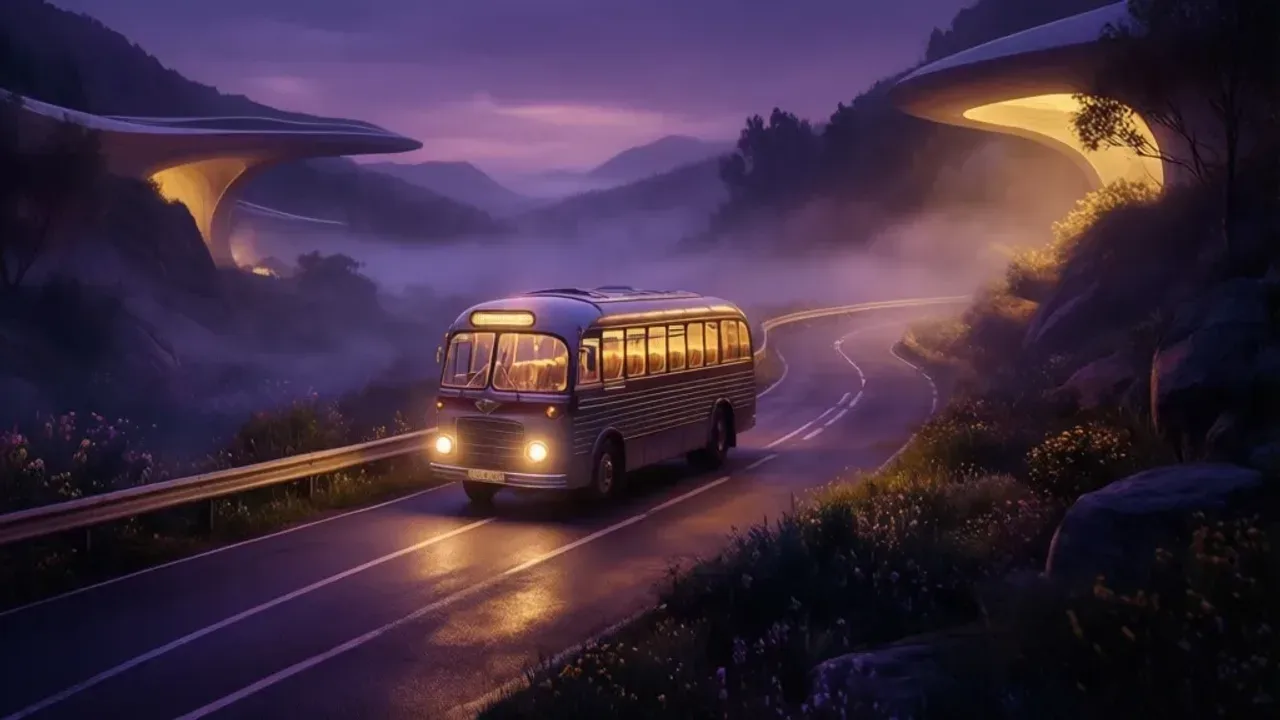 Sennik jechać autobusem: interpretacja snu o podróży i jazda we śnie Symboliczny autobus jadący przez mgliste miasto jako ilustracja sennik jechać autobusem.