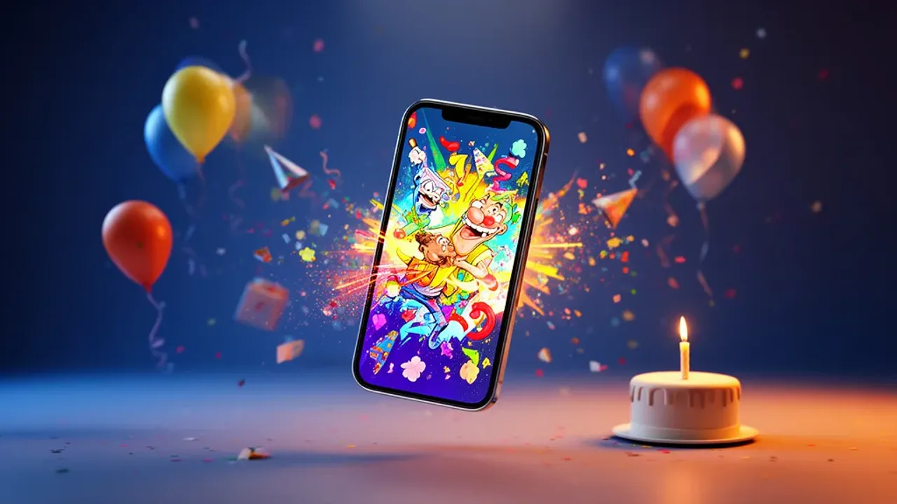 Śmieszne gify urodzinowe dla mężczyzn: inspiracja na śmieszny gif i życzenia Smartfon wyświetlający śmieszne gify urodzinowe dla mężczyzn w otoczeniu balonów i konfetti.