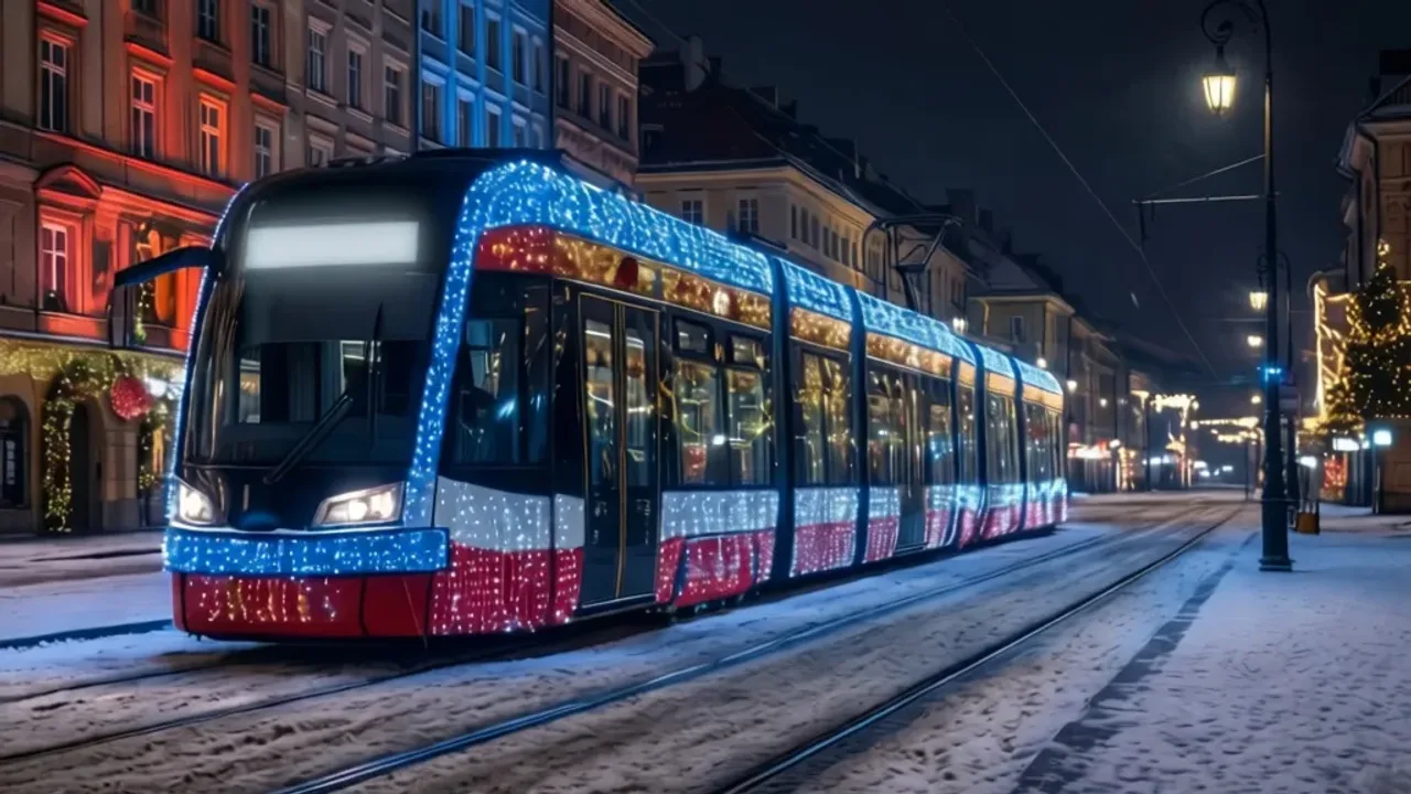 Świąteczny tramwaj Warszawa: Rozkład, trasy i lokalizację GPS 2025 Świąteczny tramwaj Warszawa udekorowany tysiącami świateł LED na ośnieżonej ulicy w zimową noc.
