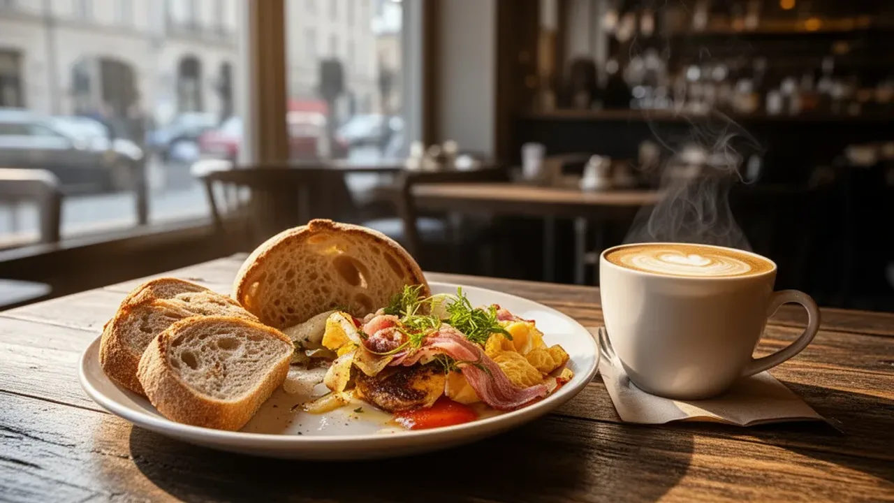 Tanie śniadania Warszawa: pyszne śniadanie w centrum – pełna lista Zestaw śniadaniowy z kawą i świeżym pieczywem w restauracji, gdzie serwowane są tanie śniadania Warszawa.