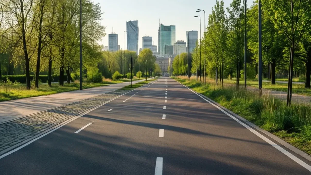 Trasa rowerowa Warszawa: najlepsze trasy rowerowe i 873 km tras (2026) Nowoczesna trasa rowerowa Warszawa w otoczeniu zieleni z widokiem na panoramę miasta.
