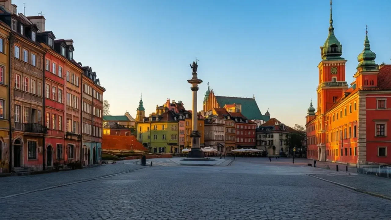 Warszawa Stare Miasto: kompletny poradnik na zwiedzanie starego miasta Pusty Rynek Starego Miasta w Warszawie Stare Miasto z kolorowymi kamienicami i pomnikiem Syrenki w oświetleniu typu golden hour.