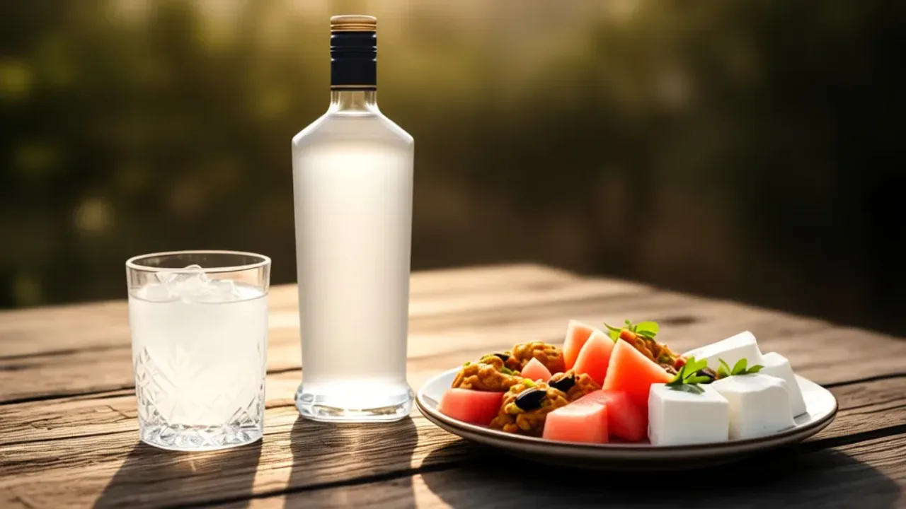 Wódka turecka Yeni Rakı 45%: dlaczego warto spróbować ten alkohol? Butelka wódka turecka Yeni Rakı z kieliszkiem, wodą i tradycyjnymi przystawkami na drewnianym stole.