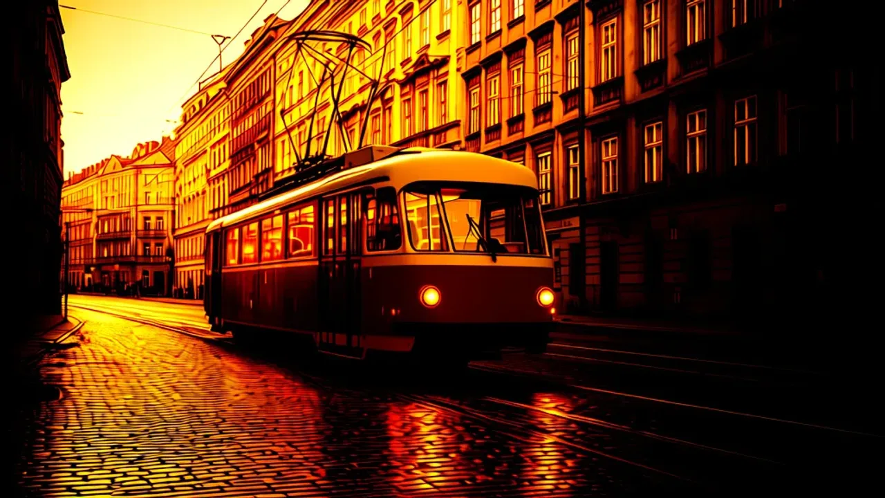 Zabytkowy tramwaj: historyczne linie i turystyczne trasy w Warszawie Zabytkowy tramwaj typu 13N przejeżdża przez historyczne centrum Warszawy.