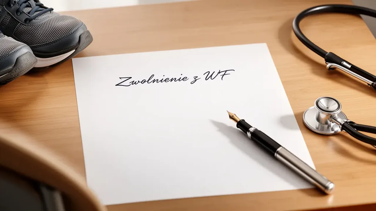 Zwolnienie z wf jak napisać? Zasady wystawienia zwolnienia z lekcji wf Oficjalny dokument na biurku ilustrujący poradnik zwolnienie z wf jak napisać.